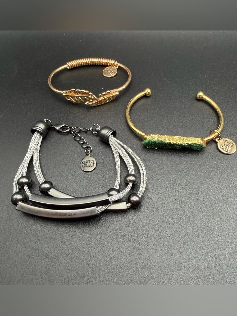 Lot of 3 Kinsley Armelle bracelets Lot#7  green frizzy hold tone leaf black